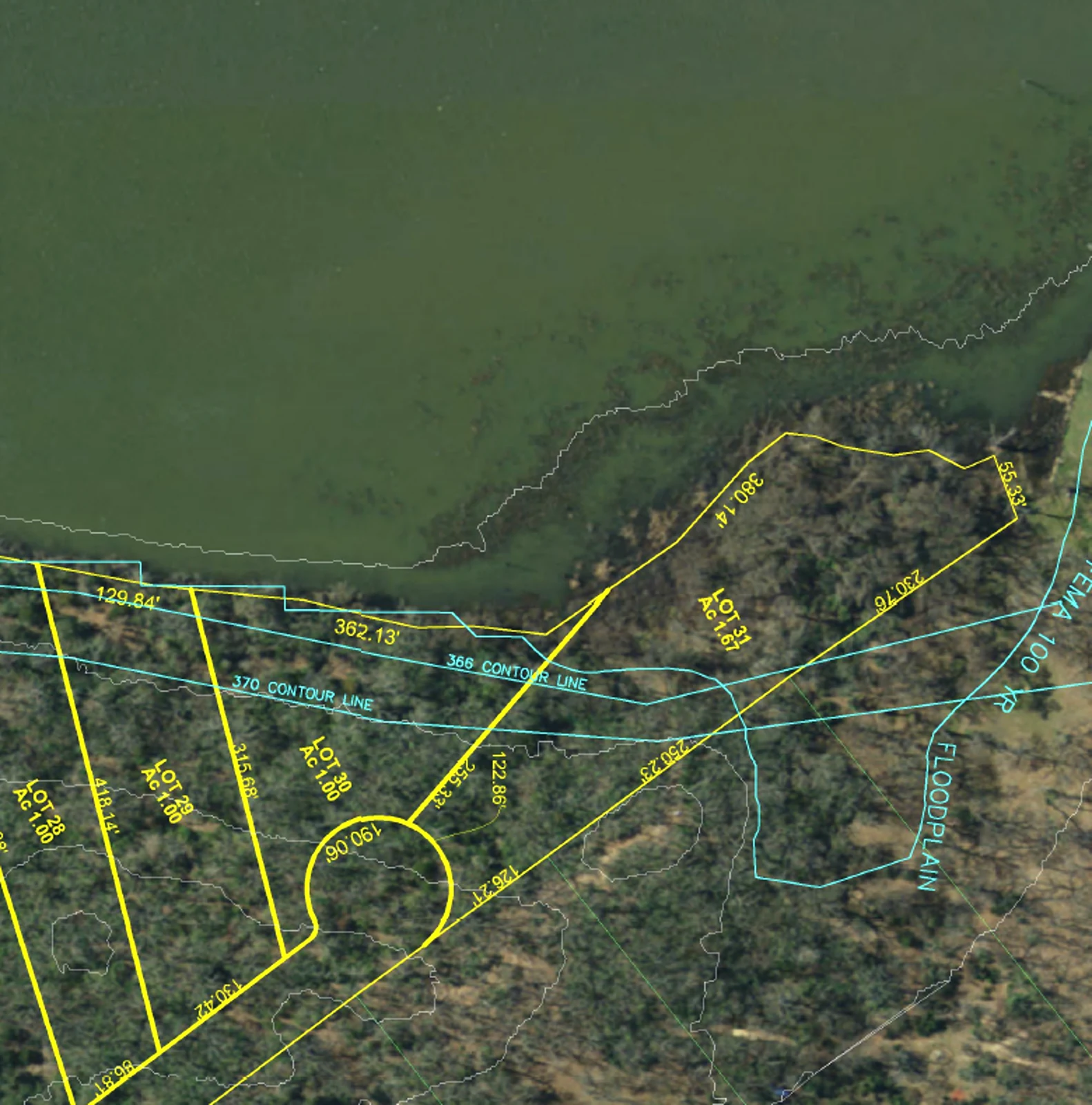 Aerial view of Emerald Pointe Lot 31, with its property boundaries shown in yellow and Lake Limestone to the north